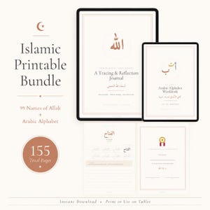 May include: An Islamic printable bundle featuring a tracing and reflection journal and an Arabic alphabet workbook displayed on tablets and paper sheets. The pages include Arabic calligraphy, instructional text, and a certificate of completion.