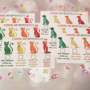 May include: A collection of rectangular white cards featuring the text Level of Spiciness and a small chili pepper icon. Each card displays four animal silhouettes in green, yellow, orange, and red, with checkboxes and text labels describing temperament levels from very friendly to aggressive.