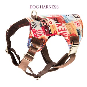 May include: Dog harness with a vibrant travel tag pattern. It has brown leather straps, a metal buckle, and a D-ring for a lead. The text "DOG HARNESS" is printed at the top.