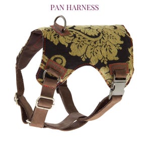 May include: A dog harness featuring a gold and black floral design. It has brown leather straps and red stitching. The text "PAN HARNESS" is displayed at the top of the image.