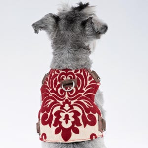 May include: A dog harness featuring a red and cream damask pattern, complemented by brown leather details and a metal D-ring. The harness has an ornate floral design and adjustable straps.