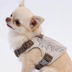 Op de afbeelding: Een kleine, lichtgekleurde hond draagt een beige harnas met een vleugelontwerp. Het harnas heeft bruine lederen accenten en metalen gespen. De hond kijkt omhoog, tegen een witte achtergrond.