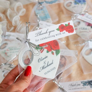 Bottle opener wedding favors for guests in bulk, heart shape wedding magnet with organza pouch, thank you gift