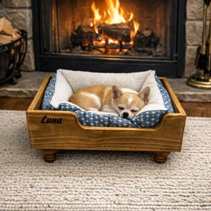 Personalized Solid Wood Dog Bed, Hand-Crafted Pine Pet Furniture, Plush Cushion Included