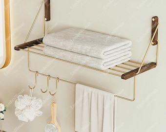 Walnut Wall Shelf with Towel Bar,Bathroom Storage Rack, Stainless Steel Organizer