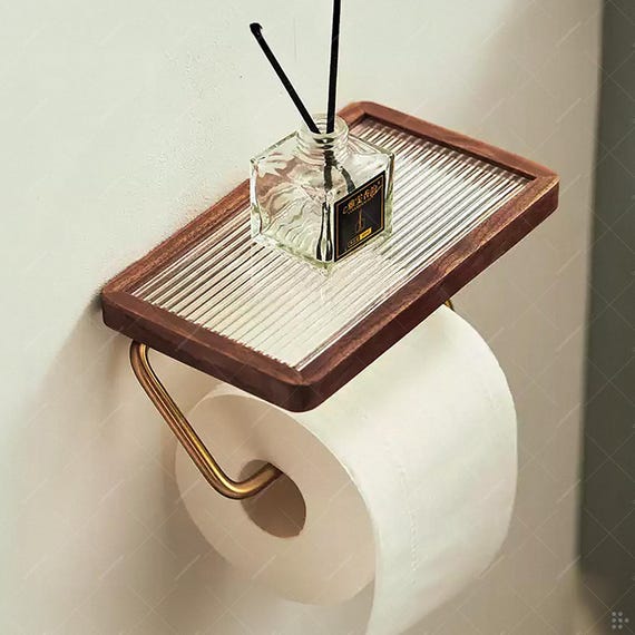 Walnut Wood Toilet Paper Holder with Acrylic Shelf, No-Drill/Screw Mount Bathroom Organizer