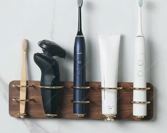 Walnut Toothbrush Holder, Wall-Mounted Bathroom Brass Organizer , Shaving Razor Rack