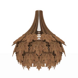 May include: A wooden pendant light fixture with a leaf design. The fixture is made of multiple layers of laser-cut wood, creating a layered effect. The leaves are intricately detailed, and the fixture has a warm, natural wood tone. The light fixture is designed to hang from the ceiling.
