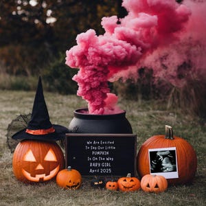 Faire-part de grossesse magique Halloween fille, faire-part de petite fille sorcière rose fumée, révéler le sexe des médias sociaux, citrouille, révéler le sexe de bébé