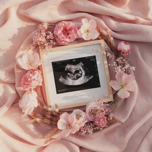 May include: A framed ultrasound image of a baby in a pink floral arrangement. The ultrasound image shows the baby at 35 weeks gestation. The flowers are pink and white.