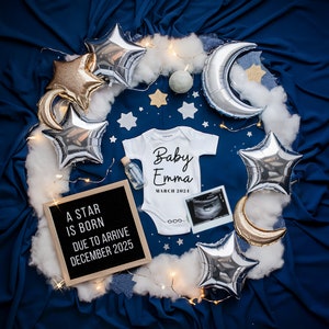 Pregnancy Announcement Digital , Space Theme Pregnancy Announcement for Social Media , Over The Moon Announcement , Modern Baby  Reveal
