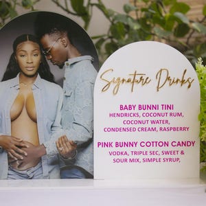 Cardápio de bar em acrílico com fotos grandes/múltiplas Placa de bebidas, coquetéis personalizados, placa de bebidas exclusiva para CASAMENTO, ANIVERSÁRIO, Chá de bebê