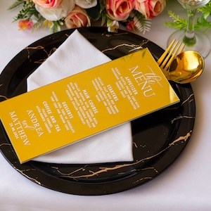 Acrylmenukaart, trouwmenu, acrylmenukaart bruiloft, acrylkaart bruiloftsreceptie, gouden menukaart, zilveren menukaart, zwart menu, mat menu