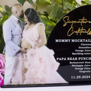 Placa de bebida exclusiva para chá de bebê, menu de bar de acrílico com foto personalizada e placa de bebida grande/várias fotos, coquetéis personalizados,