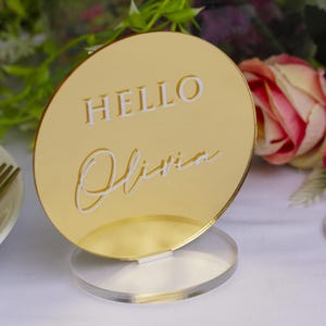 Marque-places autoportants en acrylique avec bonjour et nom, décoration de mariage personnalisée de luxe, marque-place, miroir, dépoli, transparent et autres