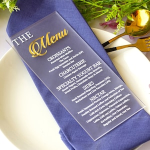 Acrylmenukaart, trouwmenu, acrylmenukaart bruiloft, acrylkaart bruiloftsreceptie, gouden menukaart, zilveren menukaart, zwart menu, mat menu
