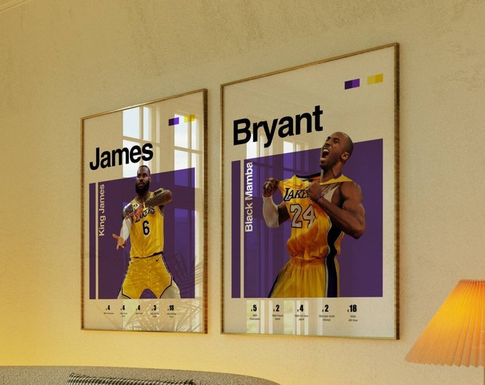 Lebron James Kobe Bryant Poster Lakers Fan NBA Basketball Sports Wall Art Minimalist Modern Office Bedroom Decor Gift - J2B2