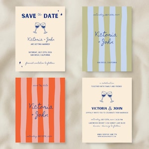 Faire-part de mariage et modèle "Retenez cette date" | Amusant, coloré, illustrations | Téléchargement numérique instantané | Modifier sur Canvas | Cartes de mariage tendance