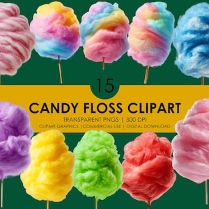 Puede incluir: Imágenes de diferentes ilustraciones de algodón de azúcar de colores. El algodón de azúcar se muestra en varios colores, incluyendo rosa, azul, amarillo, verde y morado. El texto dice "CANDY FLOSS CLIPART" e incluye detalles sobre la descarga digital.