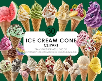 Ice Cream Cone Clipart: 30 Summer PNG Graphics, Realistic clipart  (Digital Download)