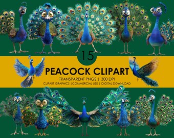 15 grappige png-afbeeldingen pauw: cartoon en realistische vogelafbeeldingen (digitale download)