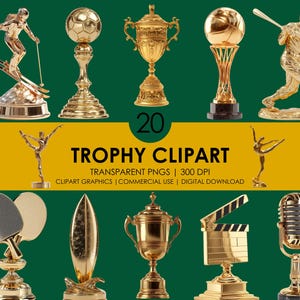 20 Clipes de Troféus, Troféus PNG, Pacote de Clipes de Prêmios, Troféus Esportivos PNG, Taça de Ouro PNG, Gráficos Realistas de Troféus, Clipes de Prêmios de Campeão