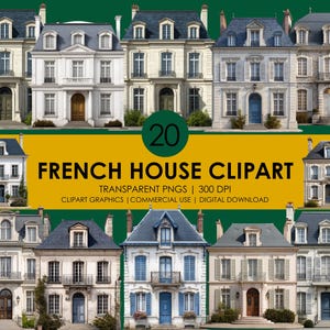 Puede incluir: Un collage digital con 20 imágenes prediseñadas de casas francesas. Las casas muestran diversos estilos arquitectónicos, con fachadas, ventanas y puertas detalladas. La paleta de colores incluye beige, blanco y azul, con tejados azul oscuro o gris. El texto dice "FRENCH HOUSE CLIPART".