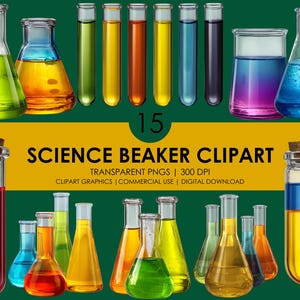 Può includere: Una collezione di vetreria da laboratorio riempita di liquidi colorati. L'immagine include becher, palloni e provette contenenti soluzioni verdi, arancioni, gialle, blu e viola. Il testo recita "15 SCIENCE BEAKER CLIPART".