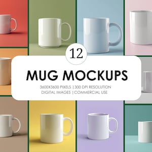 Pode incluir: Doze maquetes de canecas diferentes em várias cores, incluindo branco, azul e bege. As canecas estão dispostas em uma grade sobre um fundo colorido. O texto "12 MUG MOCKUPS" é exibido no centro da imagem, junto com o texto "3600x3600 PIXELS | 300 DPI RESOLUTION" e "DIGITAL IMAGES | COMMERCIAL USE".