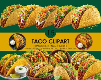Realistic Taco Clipart Bundle: Mexican Food PNG (Digital Download, 12x12 inches, 300 DPI)