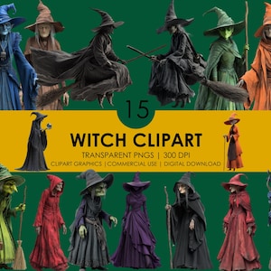 15 Witch Clipart, Witch PNG, Halloween Witch Clipart, Witch Graphics, Magical Character, Spooky Clipart, Fantasy Witch, Witch riding broom