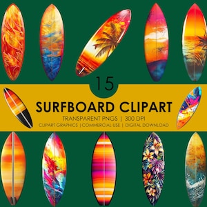 15 imágenes prediseñadas de tabla de surf/equipo de playa/imágenes prediseñadas de surf/imágenes prediseñadas realistas/gráficos de tabla de surf/imágenes prediseñadas de verano/equipo de playa/imágenes prediseñadas de deporte oceánico