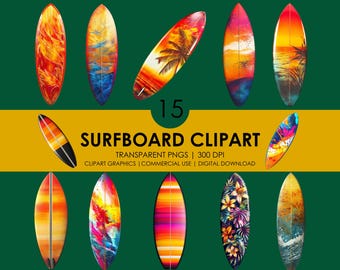 May include: 15 digital clipart images of surfboards with various colourful designs, including tropical palm trees, sunset scenes, and abstract patterns. The images are transparent PNGs at 300 DPI.