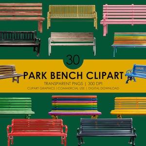Può includere: Una collezione di 30 immagini clipart di panchine in vari colori e stili. Le panchine includono design in legno, metallo e verniciati, con opzioni come marrone, verde, rosa e blu. Il testo recita "PARK BENCH CLIPART".