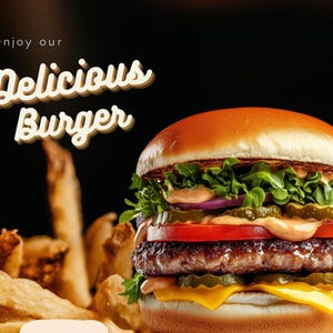 May include: A juicy burger with lettuce, tomato, onion, pickles, and cheese on a sesame seed bun. The burger is served with a side of french fries. Enjoy our Delicious Burger.