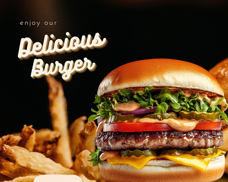 May include: A juicy burger with lettuce, tomato, onion, pickles, and cheese on a sesame seed bun. The burger is served with a side of french fries. Enjoy our Delicious Burger.
