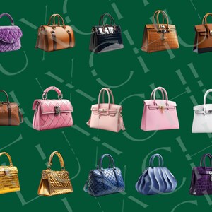 Pu&ograve; includere: Una collezione di 14 borse di design in vari colori e stili, tra cui rosa, viola, blu, marrone, oro e bianco. Le borse sono realizzate in pelle, pelle di coccodrillo e altri materiali.