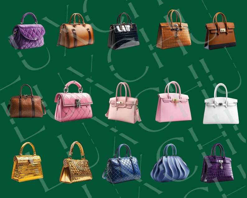 Pu&ograve; includere: Una collezione di 14 borse di design in vari colori e stili, tra cui rosa, viola, blu, marrone, oro e bianco. Le borse sono realizzate in pelle, pelle di coccodrillo e altri materiali.