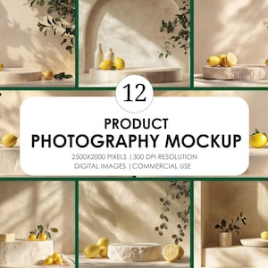 12 Product photography mockup with Lemon| Podium Mockup| Minimal Product backdrop| Display Mockups Beige background| Product showcase mockup