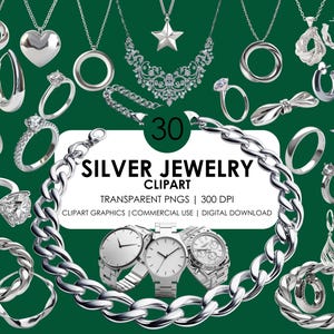 30 Srebrna biżuteria Clipart| Pierścionek z diamentami Clipart| Srebrny łańcuszek Clipart| Srebrny naszyjnik Clipart| Srebrny zegarek Clipart| Srebrne kolczyki