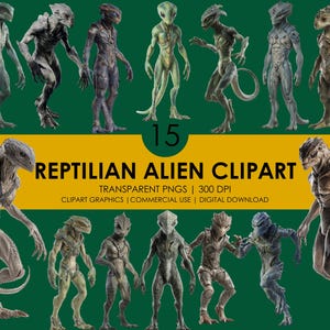 Reptilian Alien Clipart Bundle: Sci-Fi Creature PNG Graphics (Digital Download