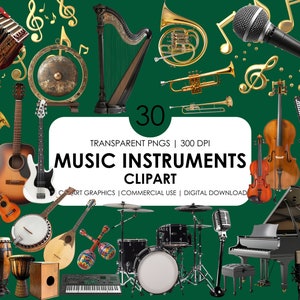 30 Muziekinstrumenten Clipart| Muzieknoot| Realistisch Clipart| Digitale PNG-bestanden| Gitaar, viool, piano, klarinet, drum, saxofoon illustraties