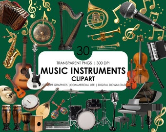 30 Music instruments Clipart| Musical note| Realistic Clipart|  Digital PNG Files| Guitar, Violin, Piano, Clarinet, Drum, Saxophone Clip art