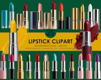 Op de afbeelding: Een verzameling van 25 lippenstift clipart afbeeldingen in verschillende kleuren, waaronder rood, roze en goud. De lipsticks worden getoond met hun doppen en de tekst "LIPSTICK CLIPART" is zichtbaar. De afbeelding staat tegen een groene achtergrond.