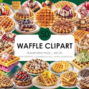 50 Waffle Clipart / Waffle Breakfast / Clipart realista / Gráficos de Waffle / Postre PNG / Clipart de postre / Paquete de clipart / Descarga instantánea
