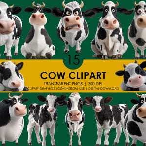 15 koe clipart, koe png, cartoon koe, boerderij dieren clipart, schattige koe graphics, realistische koe png, clipart, dierlijke graphics, realistische clipart