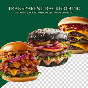 May include: Three different types of hamburgers. One hamburger has a black bun, one has a classic bun, and the other has a sesame seed bun. All three hamburgers have lettuce, tomato, onion, and cheese.