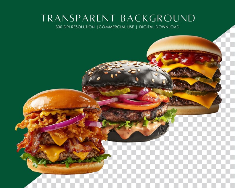 May include: Three different types of hamburgers. One hamburger has a black bun, one has a classic bun, and the other has a sesame seed bun. All three hamburgers have lettuce, tomato, onion, and cheese.