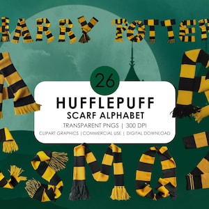 May include: A set of 26 alphabet letters made from black and yellow striped fabric, resembling a Hufflepuff scarf from the Harry Potter series. The letters are arranged in a semi-circle around a white rectangle with the text "26 Hufflepuff Scarf Alphabet Transparent PNGs | 300 DPI Clipart Graphics | Commercial Use | Digital Download".