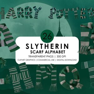 May include: A set of 26 alphabet letters made from green and gray striped fabric. The letters are in a Harry Potter theme and are labeled as a Slytherin Scarf Alphabet. The letters are on a green background with a Harry Potter themed image.